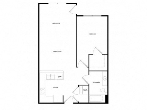 Floor plan for 1 bed, 1 bath, 640 sqft